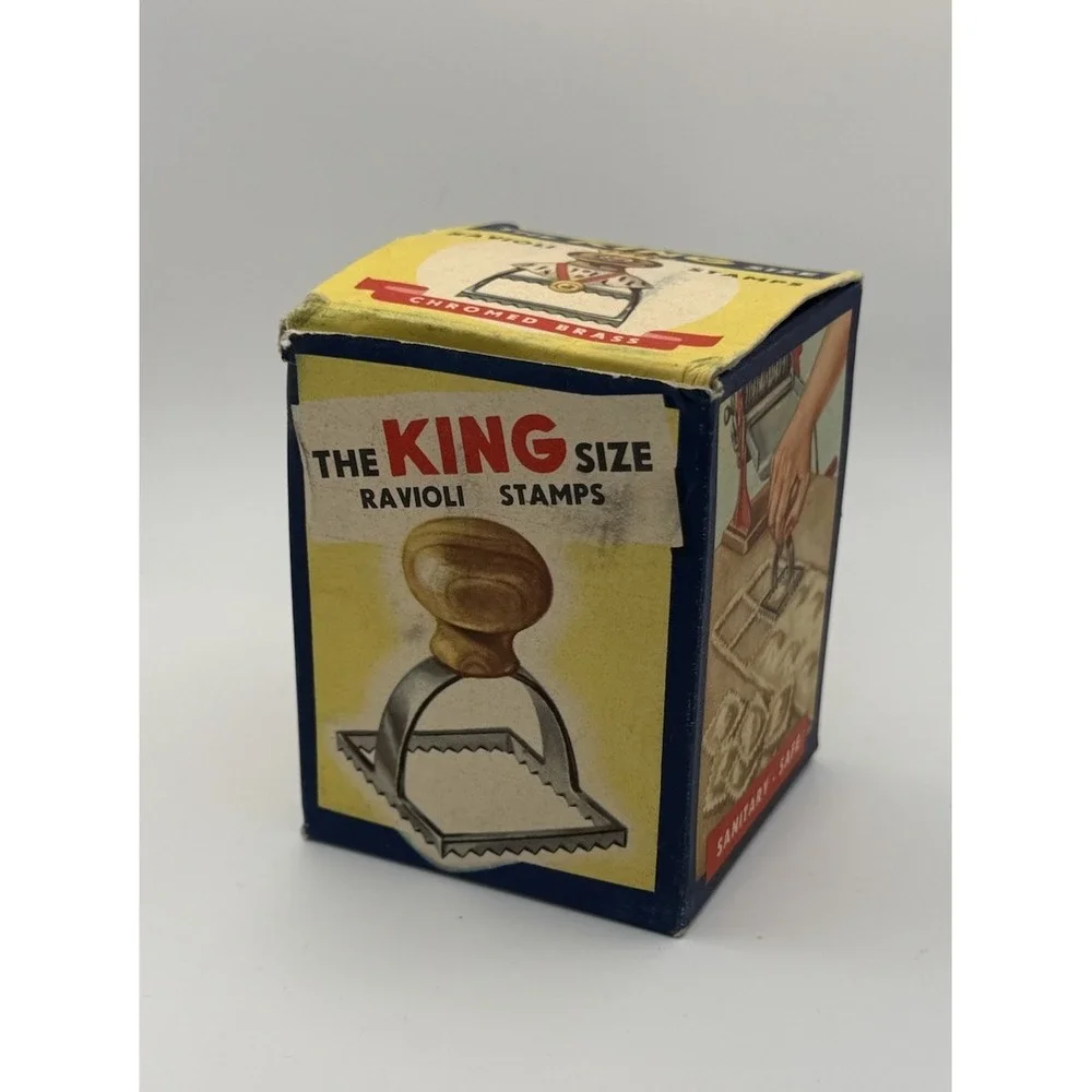 VTG The King Size Ravioli Stamp Cromed Brass Wood Orig Box 2 3/4